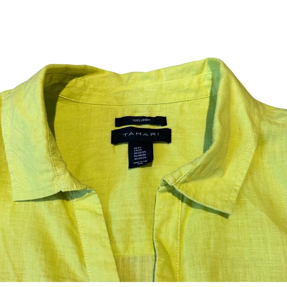 Tahari Womens 2X 100% Linen Tunic Top 3/4 Sleeve Side Button Detail Chartreuse - Picture 5 of 7